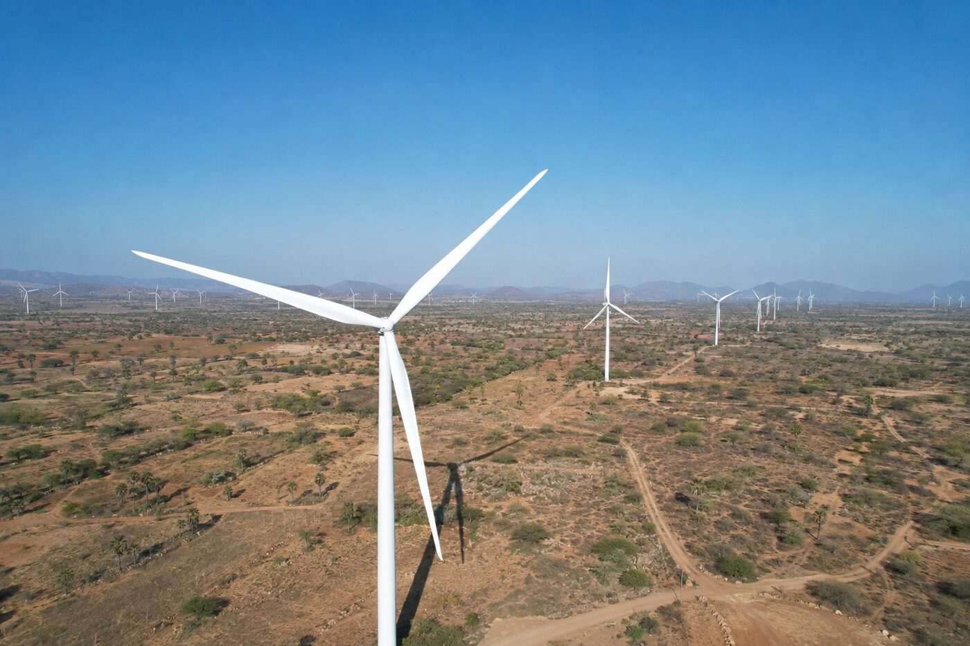 Aerial view of wind turbines across an arid, palm-dotted Tamil Nadu landscape
