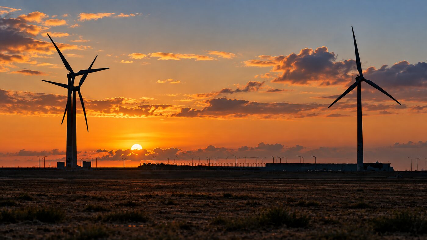Wind turbines silhouetted at dusk