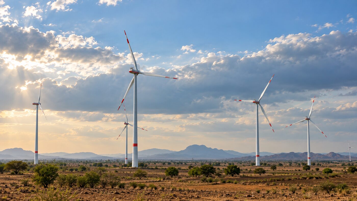 Wind turbines on a hilltop at golden hour