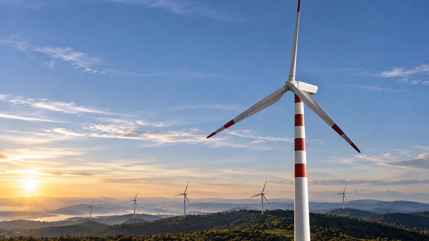 Wind turbine against green hills and a lake at sunset