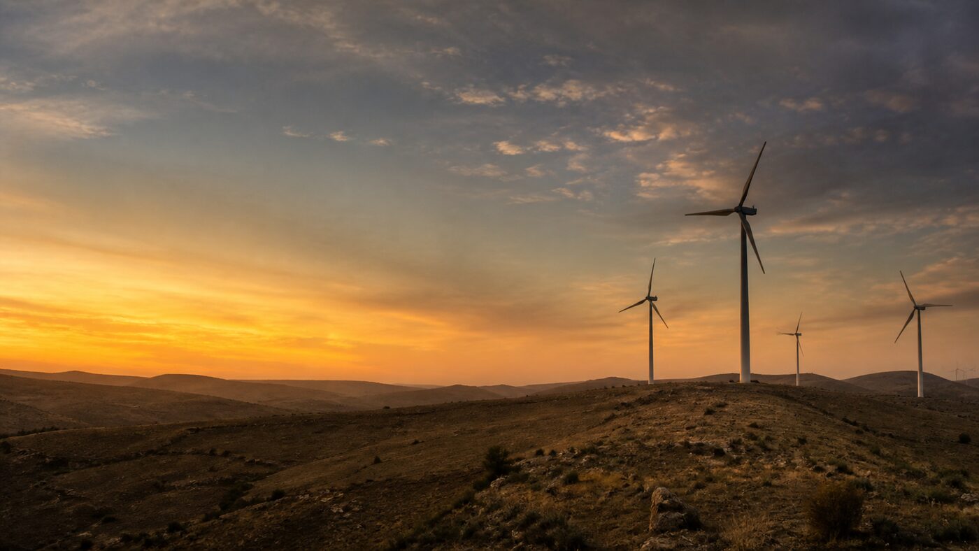 Multiple wind turbines across open terrain
