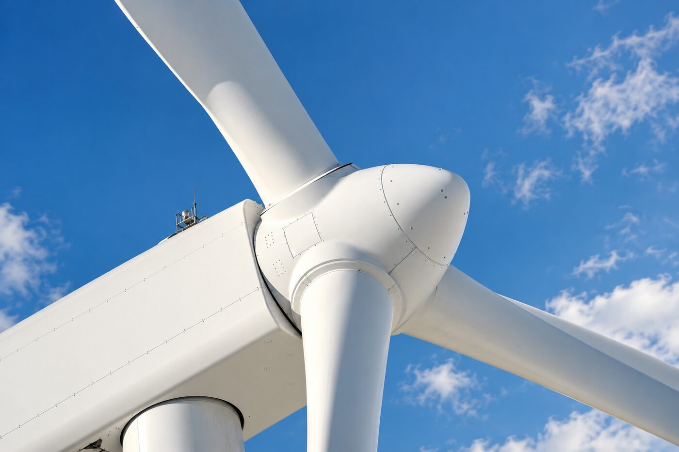 Close-up of a wind turbine hub and blades against a clear sky