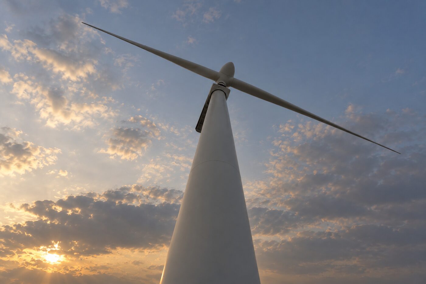 View up a wind turbine tower toward the hub